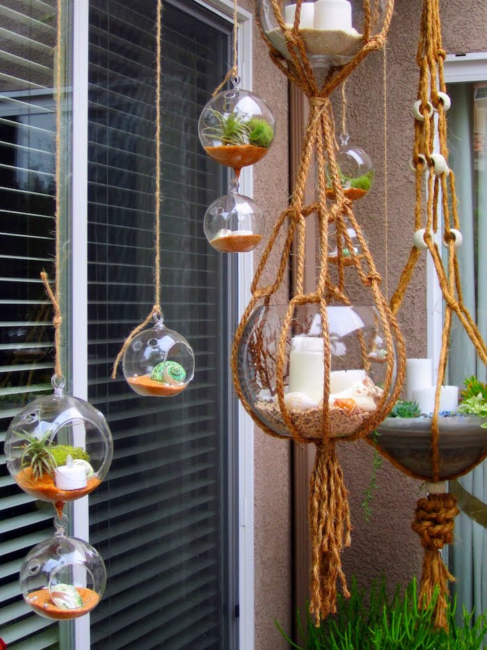 makramee garn selber machen bildschöne idee gläser mit kerzen sand und pflanzen hängen lassen dekorative ideen