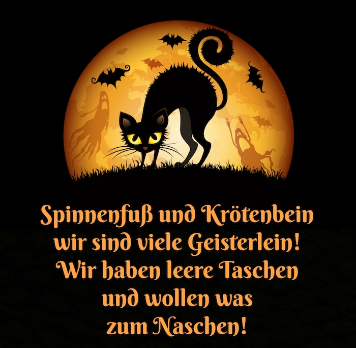 halloween sprüche lustig - hier finden sie ein bild mit einer schwarzen katze, fliegenden schwarzen fledermäusen und einem großen mond