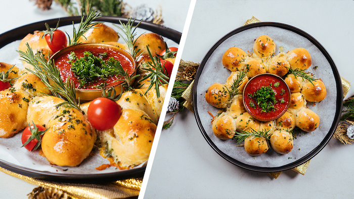 Brötchenkranz mit Babymozzarella, Fingerfood für Weihnachten, mit frischem Rosmarin und Tomatendip servieren 