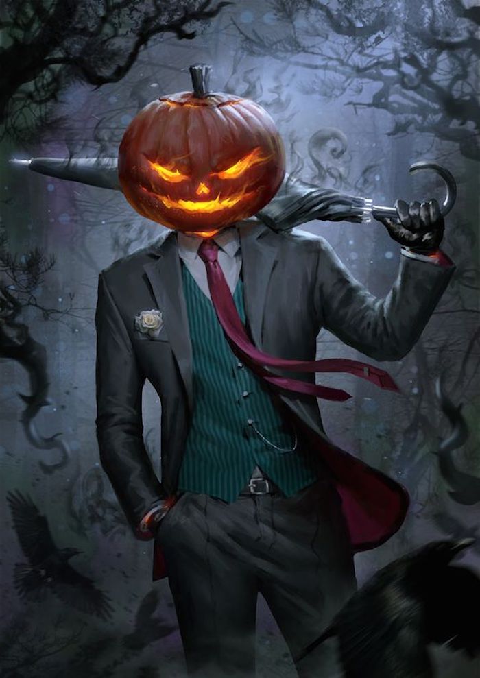 ein Halloween Kürbis aus Kopf von einem Ungeheuer im Kostüm - Halloween Hintergrund