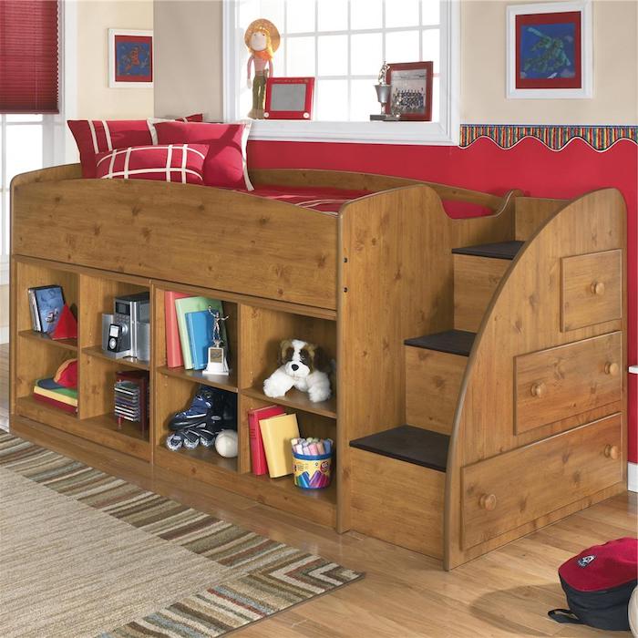 holzerne Hochbett für Kinder, Hochbett mit Treppen, Regale und Schubladen