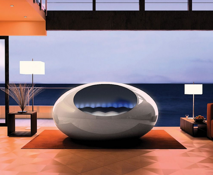 stylisches rundes Bett mit LED-Beleuchtung, Schlafzimmer, gestaltet in Orange