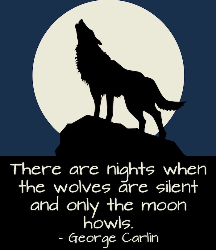 schönes bild mit einem kurzen halloween spruch, einem schwarzen heulenden wolf und einem großen mond