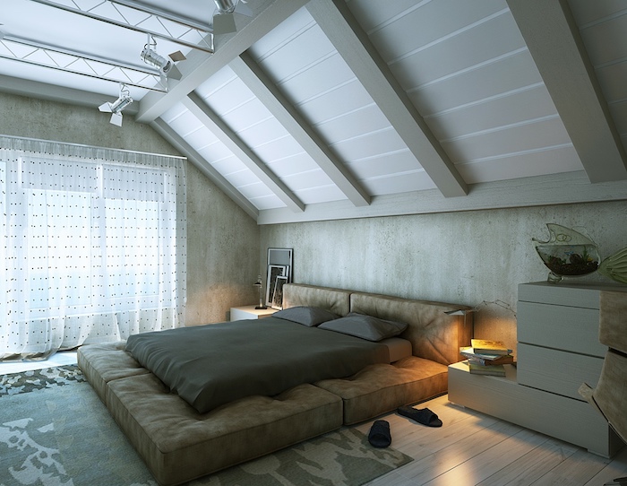 dachschräge schlafzimmer design idee großes bett vorhänge nachtschrank flip flops