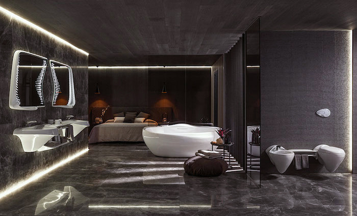 moderne badezimmer, schwarze marmorfliesen, runde freistehende badewanne