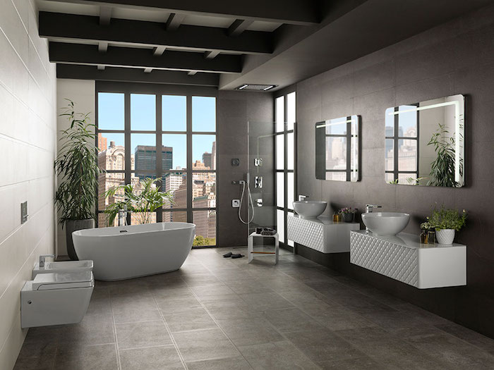 badezimmer deko, badezimmertrends 2018, graue keramikfliesen in kombination mit weißen badezimmermöbeln