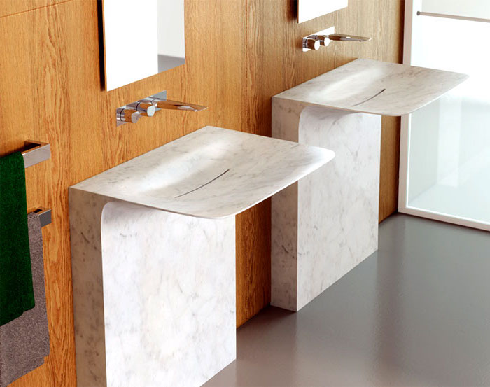 bad einrichten, waschbecken aus marmor mit modernem design, badezimmermöbel