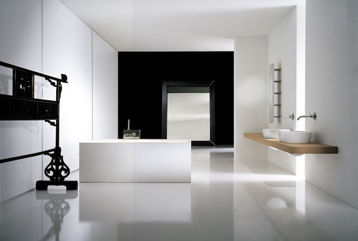 bäder ideen, bad mit minimalistischem design, badezimmer in schwarz und weiß