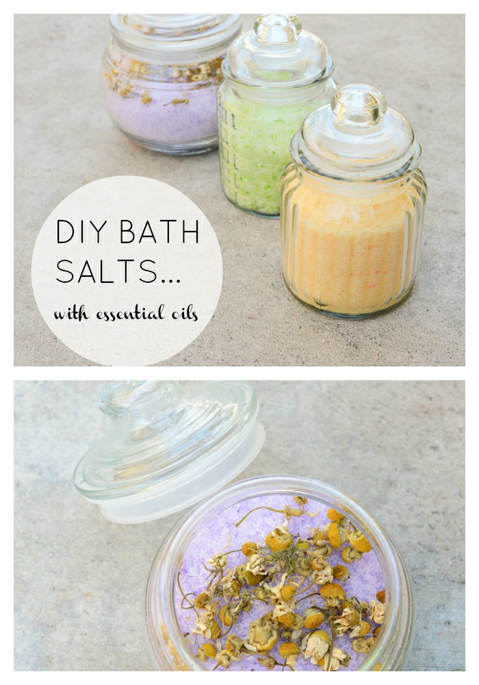 DIY Badesalz mit ätherischen Ölen und Blüten, drei verschieden Farben, in Gläsern, Aromatherapie zu Hause