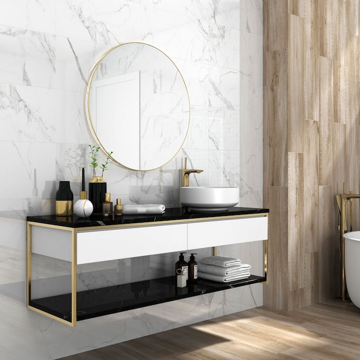 badezimmer deko, waschbecken mit unterschrank, runder spiegel mit goldenem rahmen