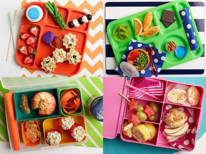 vier Ideen für Lunchbox für Kinder, Tischdecken mit Streifenmuster, farbige Servietten mit Punkten