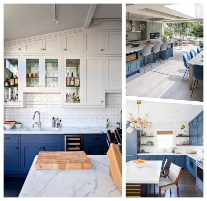 deko ideen küche, einrichtung in modernem landhausstil, weiße oberschränke, inselplatte aus marmor