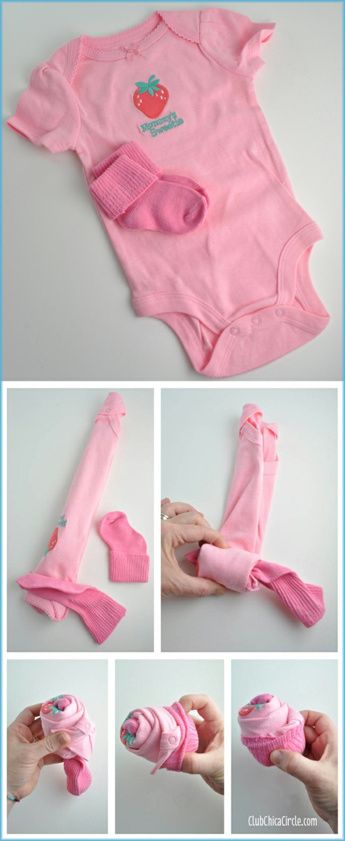 Kreative Idee für Babygeschenk, rosafarbene Body und Babysöckchen in Form von Cupcake 