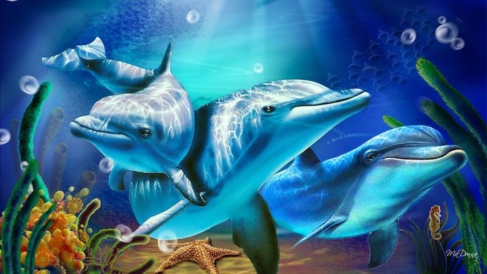 märchenhaftes bild mit algen, kleinen seesternen und drei blauen schwimmenden großen delfinen 