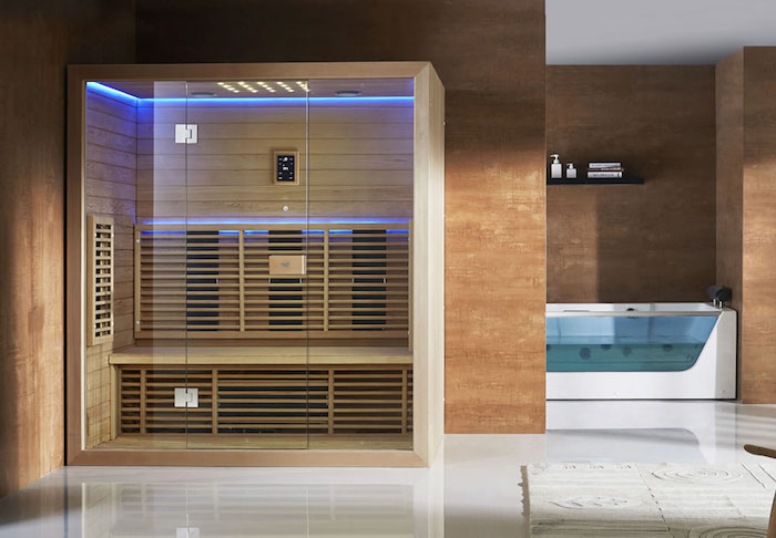 infrarotkabine aus holz und glas, badezimmer einrichten, modernes bad