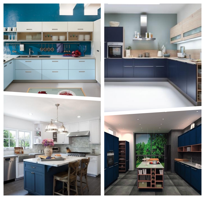 küche deko ideen, moderne küchenmöbel, kücheneinrichtung in weiß und blau, kleiner raum gestalten