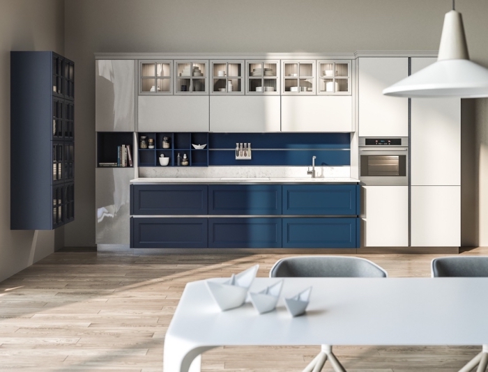 küche weiß holz und dunkelblau, moderne desginer möbel in blau und weiß, parkettboden