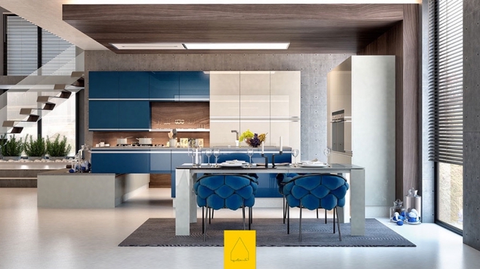 küchen ideen, moderne eirnichtung in blau, weiß und braun, designer stuhle, wohnung einrichten