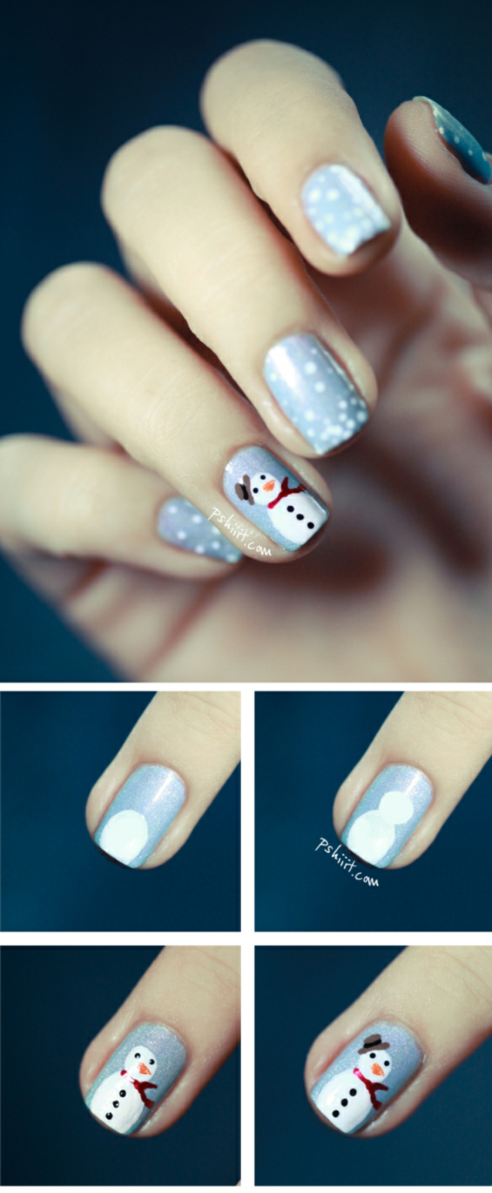 Winternägel mit Schneemann und kleinen Schneeflocken in vier Schritten, hellblauer Grund, ovale Nagelform