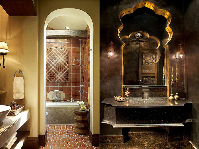 badezimmergestaltung in marokkanischen stil, bad in orange, braun und gold