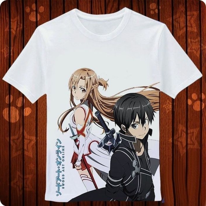 Sword Art Online Anime T-shirt mit den Hauptfiguren - ein Junge und ein Mädchen - bedruckte T-shirt
