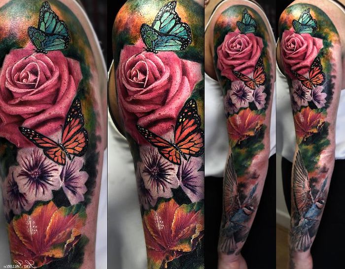 tattoo blumen, große tätowierung an den ganzen arm, sleeve tattoo