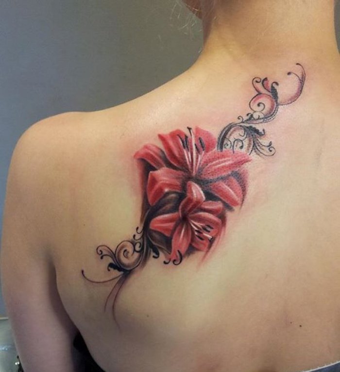 tattoo blumenranke, rote lilien in kombination mit abstrakten elementen