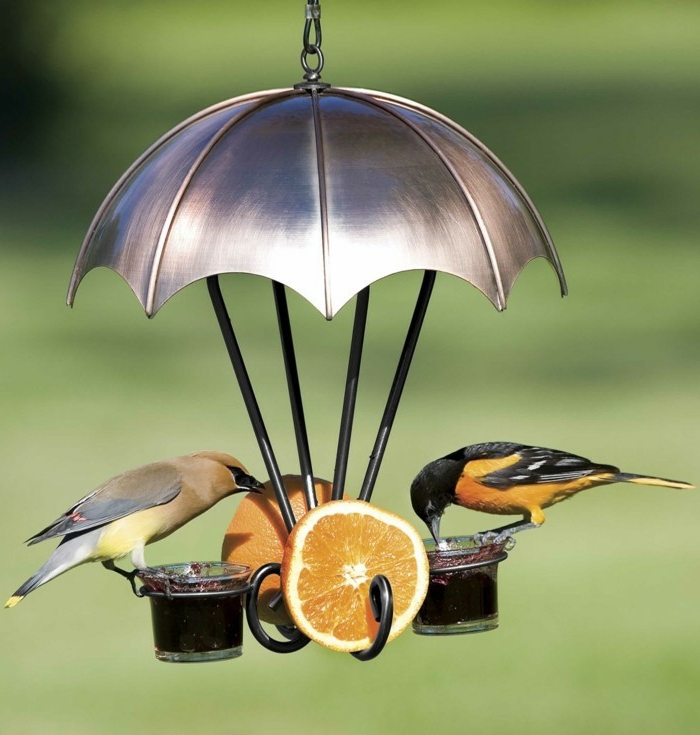kreatives Vogelhäuschen, Regenschirm aus Blech, zwei Becher, voll mit Marmelade, zwei Orangenscheiben, zwei Vögelchen