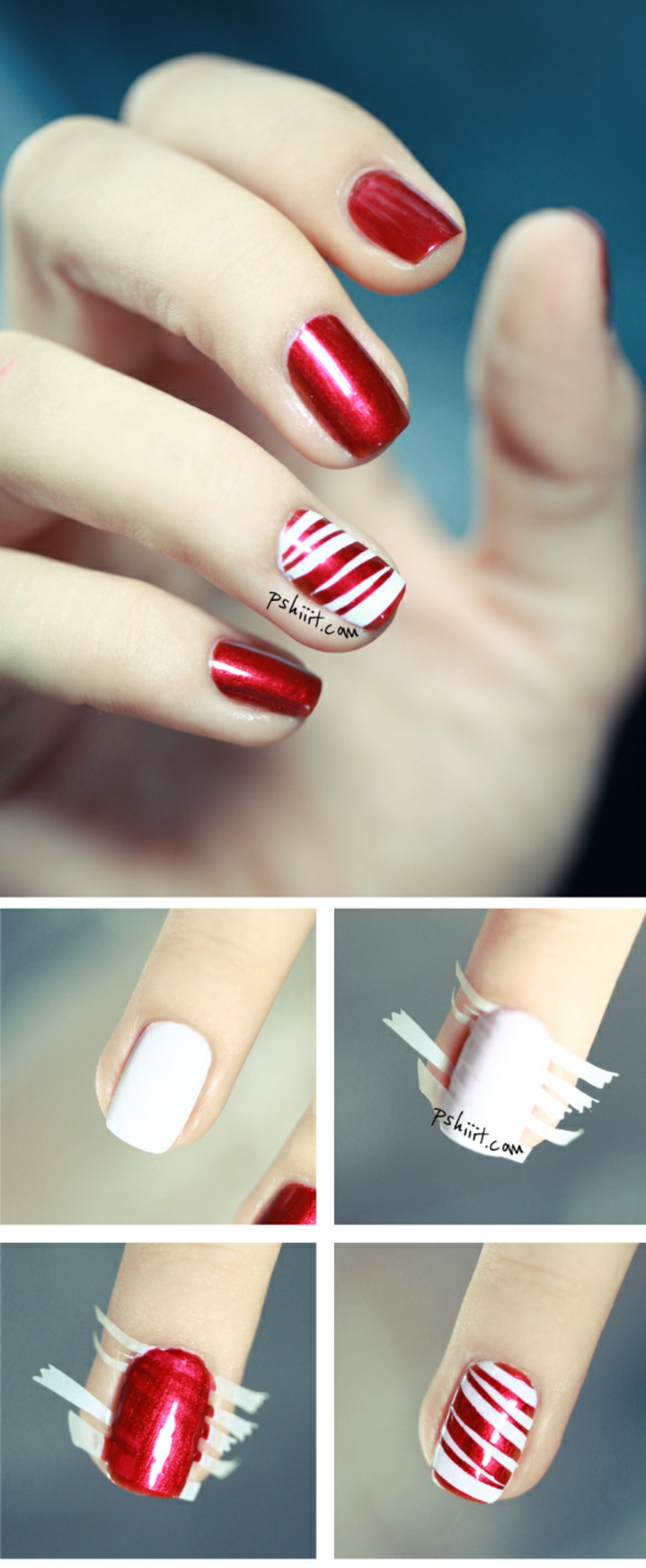 Coole Idee für winterliche Maniküre mit Klebeband, weiße und rote Linien, ovale Nagelform