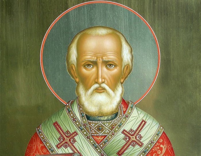 eine Ikone von Nikolaus der Bischof von Myra, Region in der heutigen Türkei, olivengrüner Hintergrund