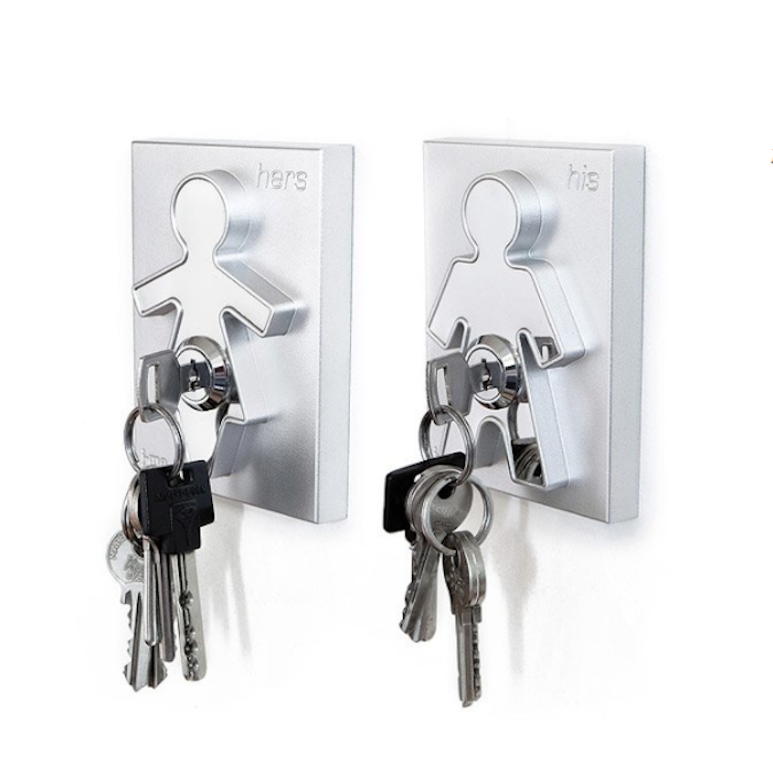 zwei Schlüsselbretter aus Metall mit lustigem Design, eine Mädchen- und eine Jungenfigur, zwei Schlüsselbunde