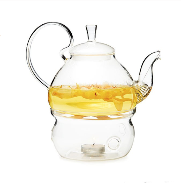Teekanne mit Kerzewärmer mit schlichtem Design, ein rundes Loch im Glas, Teekanne aus Glas mit Kamillentee