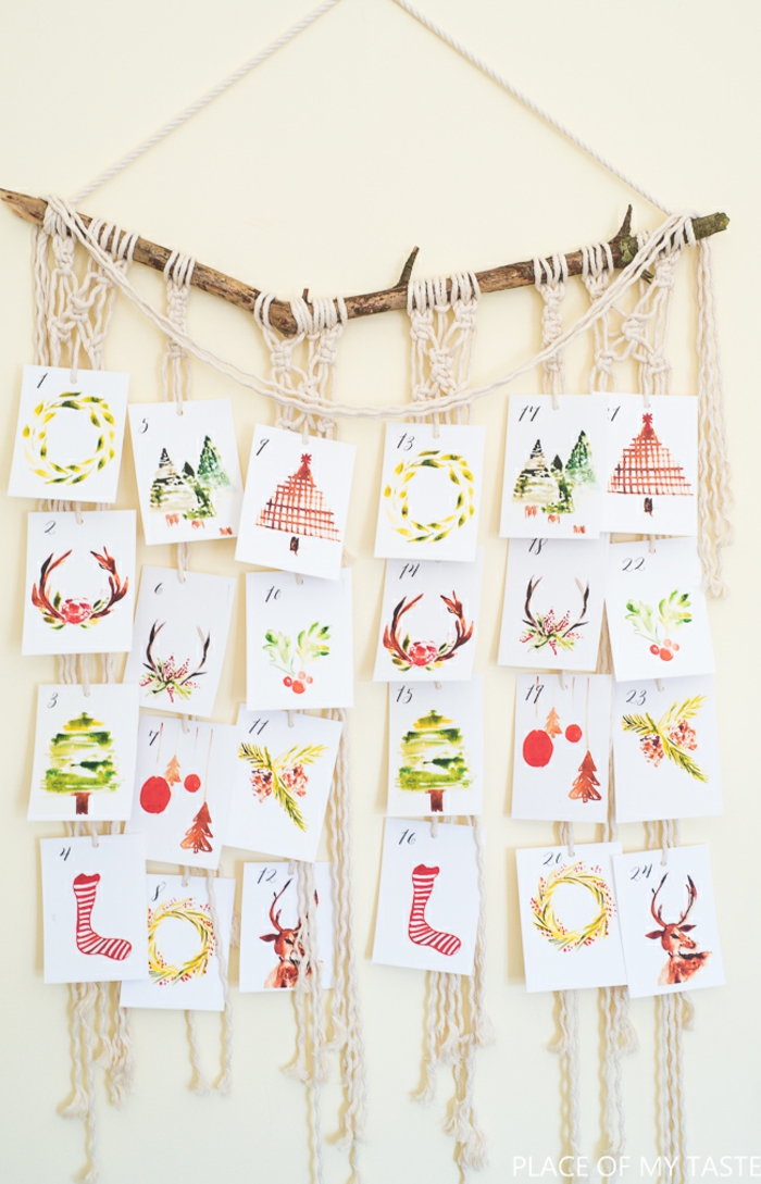 Adventskalender mit handgemachten Weihnachtskarten, verschiedene Weihnachtsmotive, DIY Idee für Kinder und Erwachsene