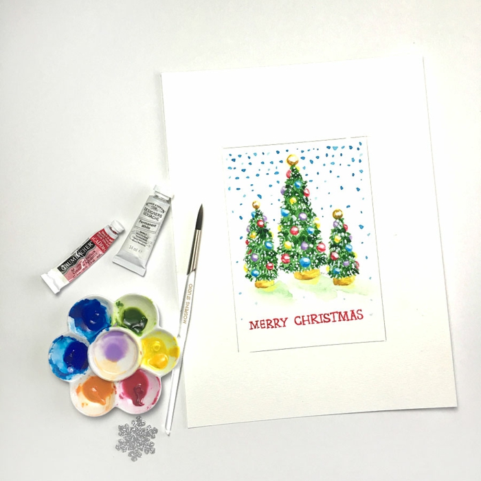 Aquarell Weihnachtskarte selbst gestalten, Weihnachtsbäume und Schneeflocken aufzeichnen