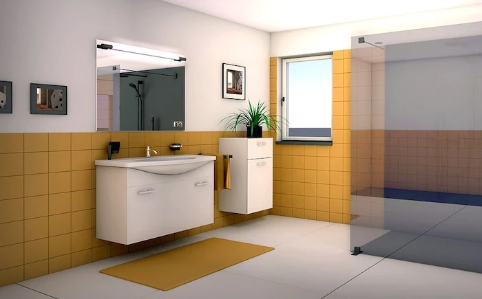 Badezimmer mit gelben Fliesen - Badmöbel-Set