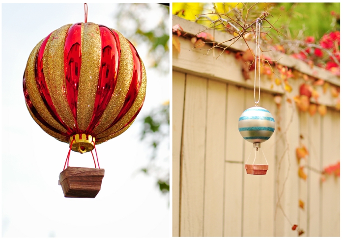 Heißluftballon aus Weihnachtskugel selber machen, kreative Idee für Weihnachtsschmuck zum Nachmachen