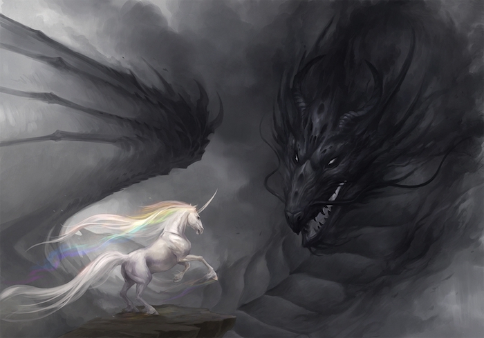 fantasy einhorn bilder - ein schwarzer drache mit schwarzen flügeln und ein weißes einhorn mit einer regenbogenfarbenen dichten mähne
