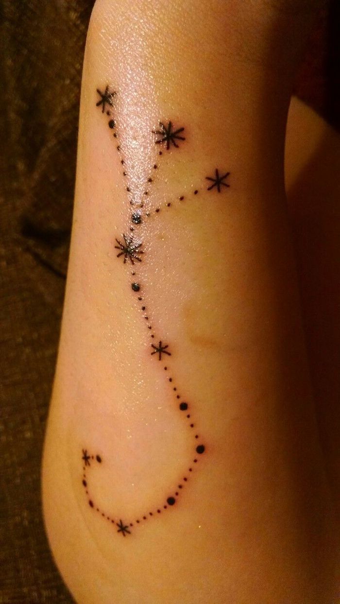 hand mit stern tattoo . ein schwarzer tattoo mit einem schwarzen sternbild mit kleinen schwarzen sternen