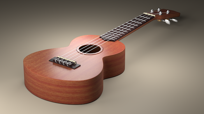 kleine dekorative akustische Gitarre mit vier Saiten aus Nylon, Hintergrund in den unterschiedlichen Nuancen von Grau
