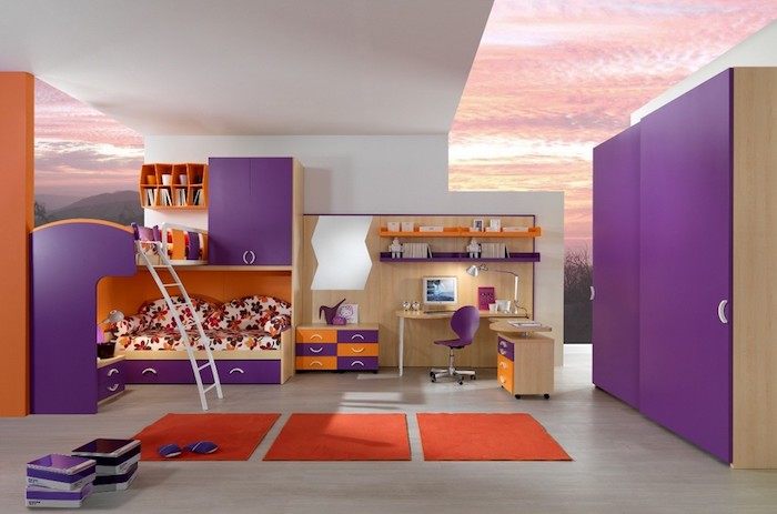 lila Ausstattung, ein lila Bett, lila Schrank und ein oranger Teppich - Teenager Zimmer