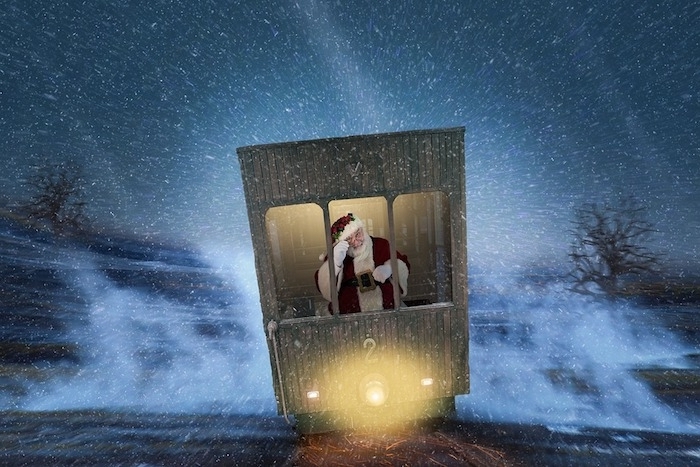 Schöne Weihnachtsbilder - ein Weihnachtsmann fährt in einem Wagen statt mit dem Schlitten 