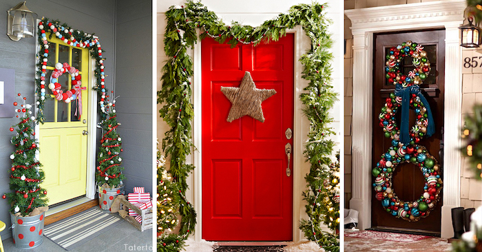 drei Häuser mit Dekoration zum Nikolaustag an der Eingangstür, zwei kleine Tannenbäume mit Weihnachtskugeln, Fußmatten, Weihnachtskränze