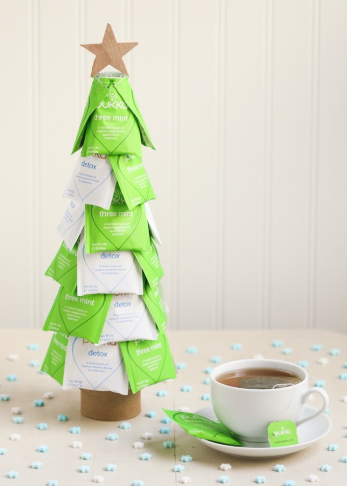 Weihnachtsgeschenke selber machen, Christbaum aus Teebeuteln, kreative Geschenkidee zum Nachmachen