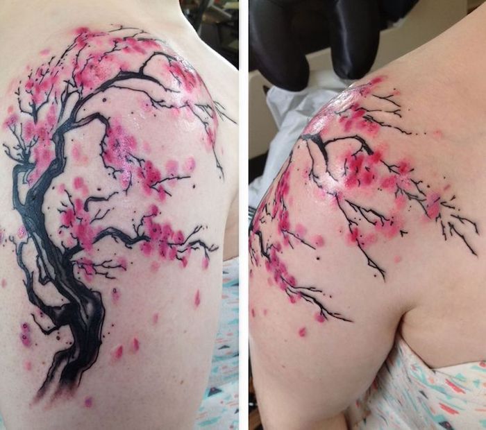 tattoo beudetung, kirschbaum mit rosa blüten am schulter, tattoos für frauen
