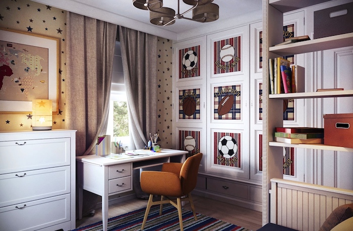 Schöne Zimmer - ein Zimmer für einen Teenager Sportler, braune Gestaltung, ein kleiner Schreibtisch