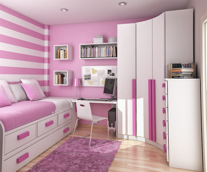 rosa Wände, gestreifte Wände, gerundeter Schrank Jugendzimmer für Mädchen - schöne Zimmer
