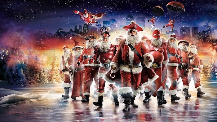 Lustige Weihnachtsgrüße - eine Gruppe von Weihnachtsmännern wie die Avengers
