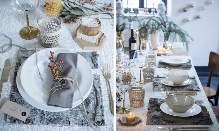 dekoration weihnachten tisch dekorieren und schön gestalten graue serviette kerze zweige dekoideen
