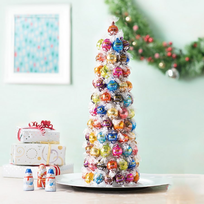 Weihnachtsbaum aus Schokoladen-Kugeln selber machen, tolle Idee für DIY Weihnachtsgeschenk