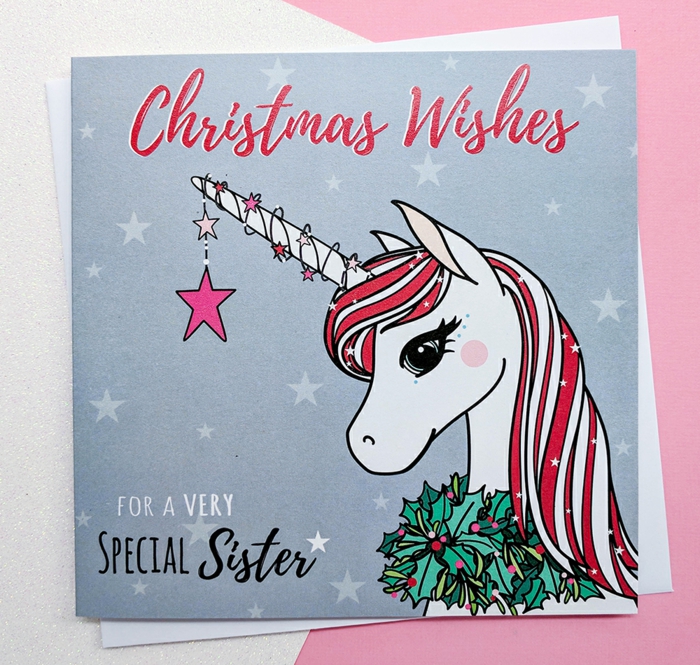 Süße Weihnachtskarte mit Einhorn, Glückwünsche zu Weihnachten, Grußkarte für Schwester